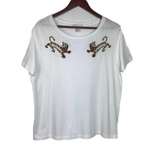 Vintage Forever 21 White Embroidered Tiger Graphic T Shirt Top Y2K